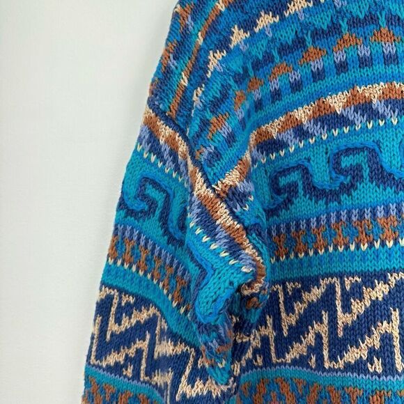Segrets Sun Prints Teal Navy Tan Fair Isle Aztec Grandpa Chunky Knit Sweater - Picture 10 of 12